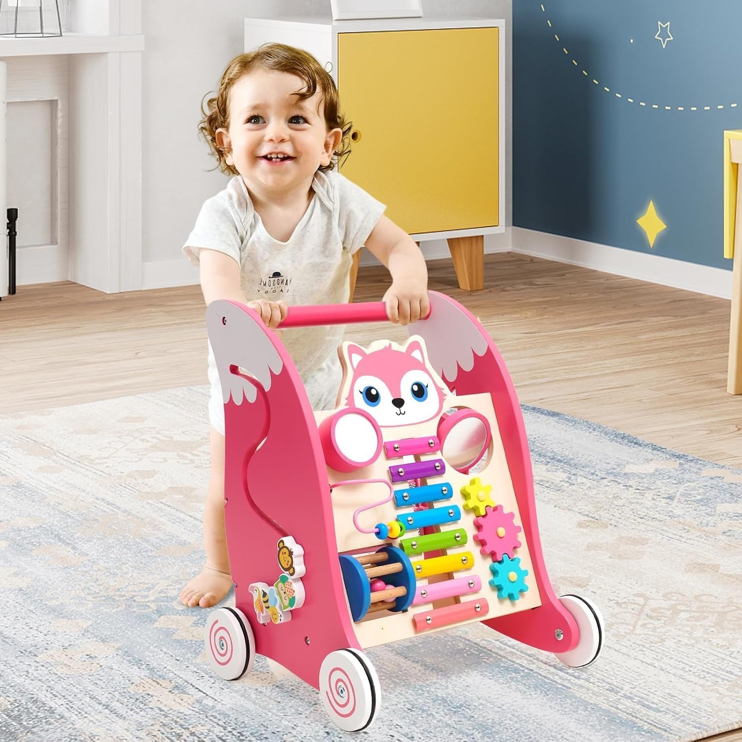 Houten babyloopwagen met muziekinstrumenten en vormpasspel, anti-O-been design, loophulp met xylofoon, kogelloop en tandwielspeelgoed, multifunctioneel activiteitscentrum voor peuters vanaf 1 J