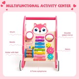 Houten babyloopwagen met muziekinstrumenten en vormpasspel, anti-O-been design, loophulp met xylofoon, kogelloop en tandwielspeelgoed, multifunctioneel activiteitscentrum voor peuters vanaf 1 J