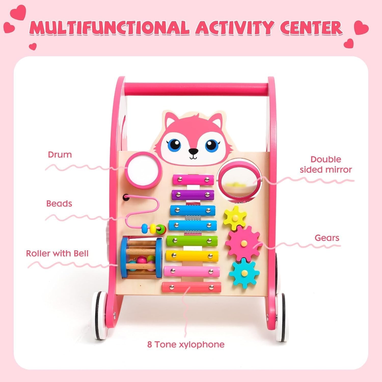 Houten babyloopwagen met muziekinstrumenten en vormpasspel, anti-O-been design, loophulp met xylofoon, kogelloop en tandwielspeelgoed, multifunctioneel activiteitscentrum voor peuters vanaf 1 J
