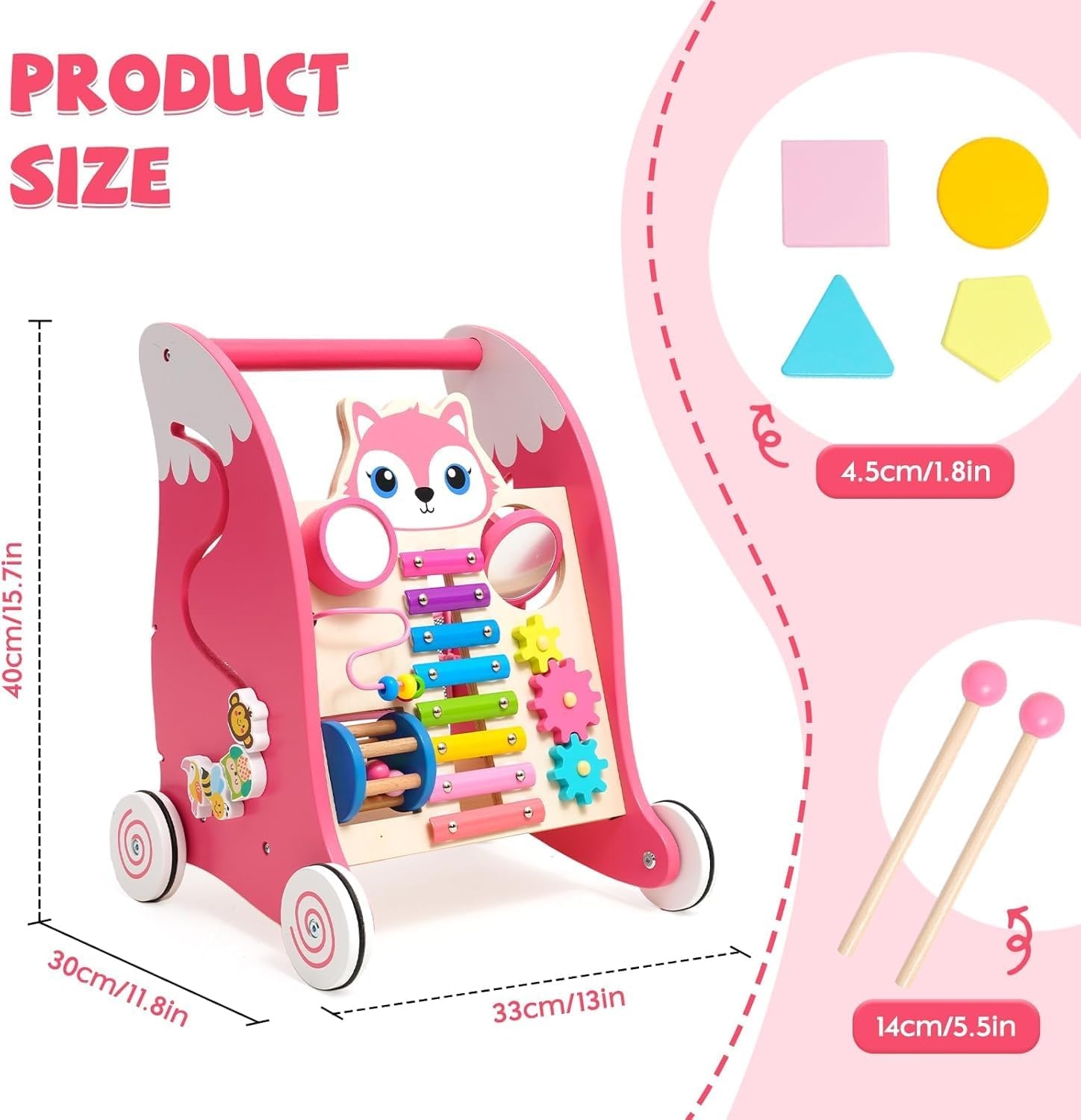Houten babyloopwagen met muziekinstrumenten en vormpasspel, anti-O-been design, loophulp met xylofoon, kogelloop en tandwielspeelgoed, multifunctioneel activiteitscentrum voor peuters vanaf 1 J