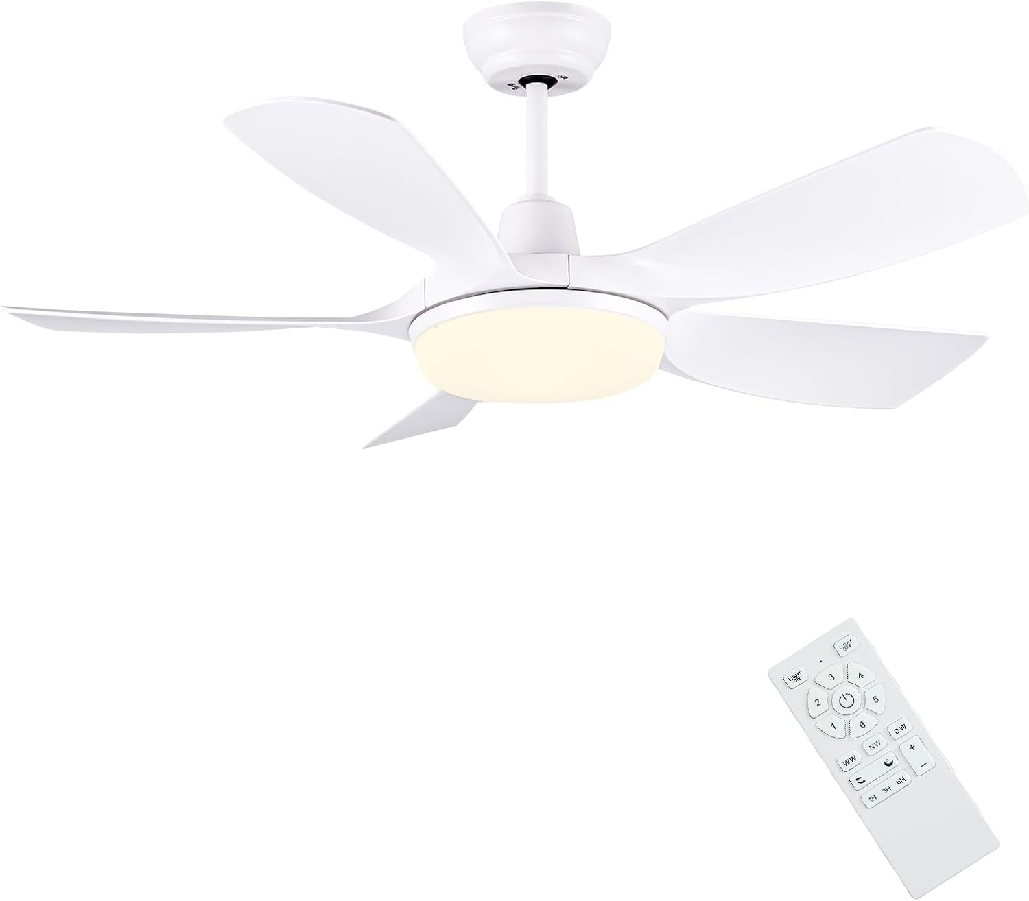 Newday Plafondventilator met licht en afstandsbediening, 106 cm, stille plafondventilator met dimverlichting, DC-motor, 5 vleugels, 6 snelheden, geheugenfunctie, wit