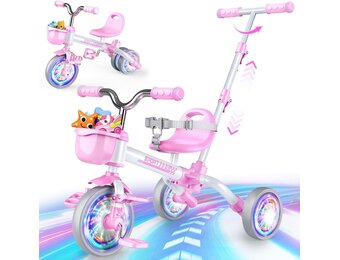 5-in-1 driewieler voor kinderen, evolutionaire, kinderfiets 1-5 jaar, lichtgevende wielen, oudergreep, verstelbare stoelen en pedalen, spelletjes voor kinderen, cadeau voor meisjes van 1 tot 5 jaar