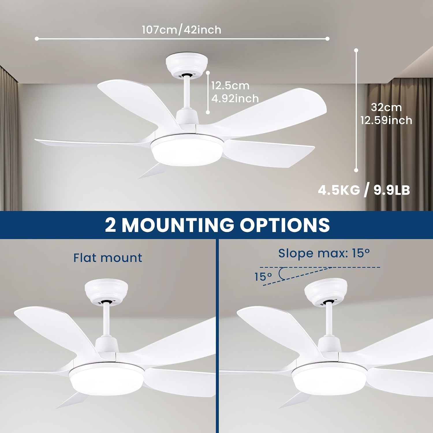 Plafondventilator 106cm Wit met Licht & Afstandsbediening - 35% Korting