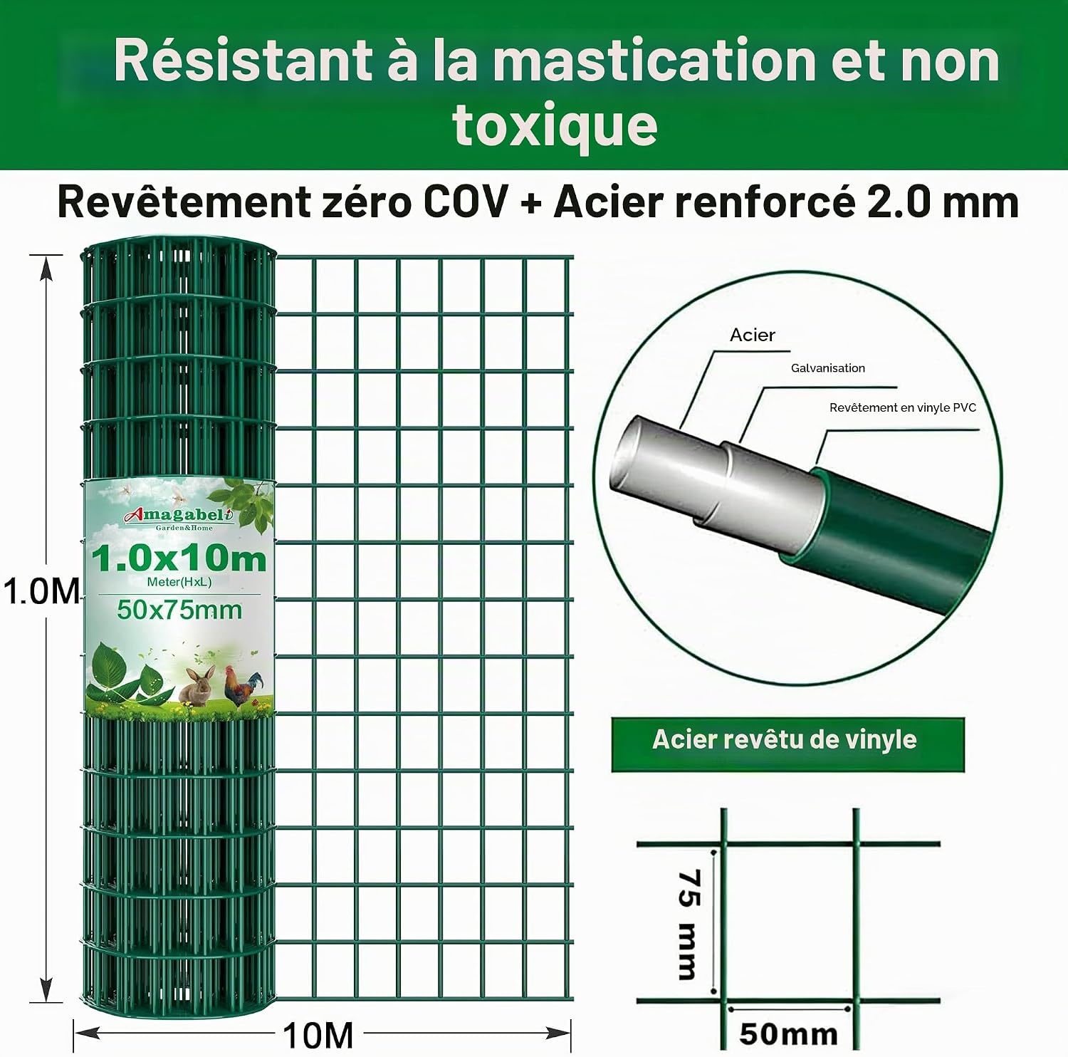 Amagabeli Tuinafrastering 1m x 10m - Groen - Metalen Gaashekwerk met PVC Coating