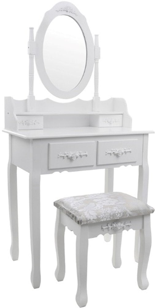 Een cosmetische kaptafel met een spiegel en een krukje