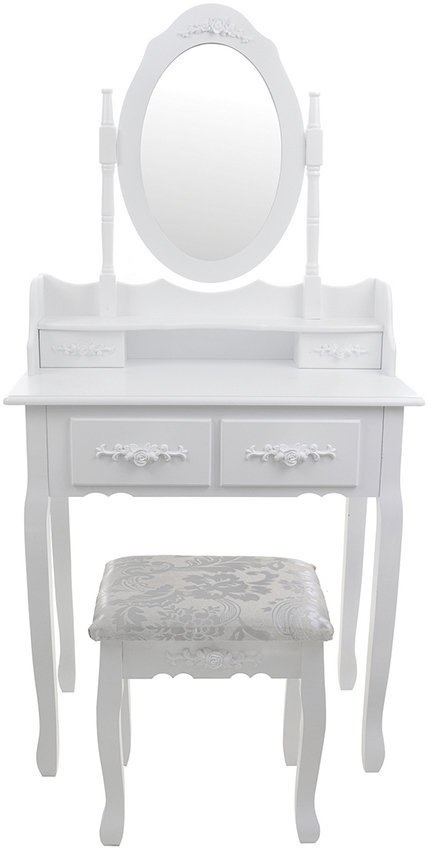 Een cosmetische kaptafel met een spiegel en een krukje