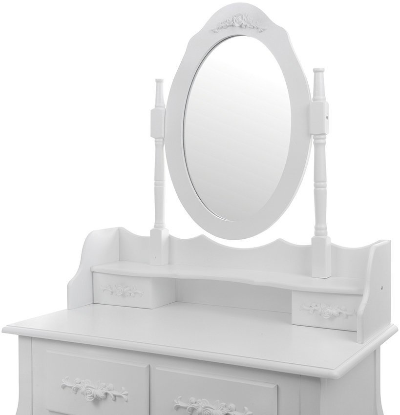 Een cosmetische kaptafel met een spiegel en een krukje