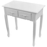 Een cosmetische kaptafel met een spiegel en een krukje