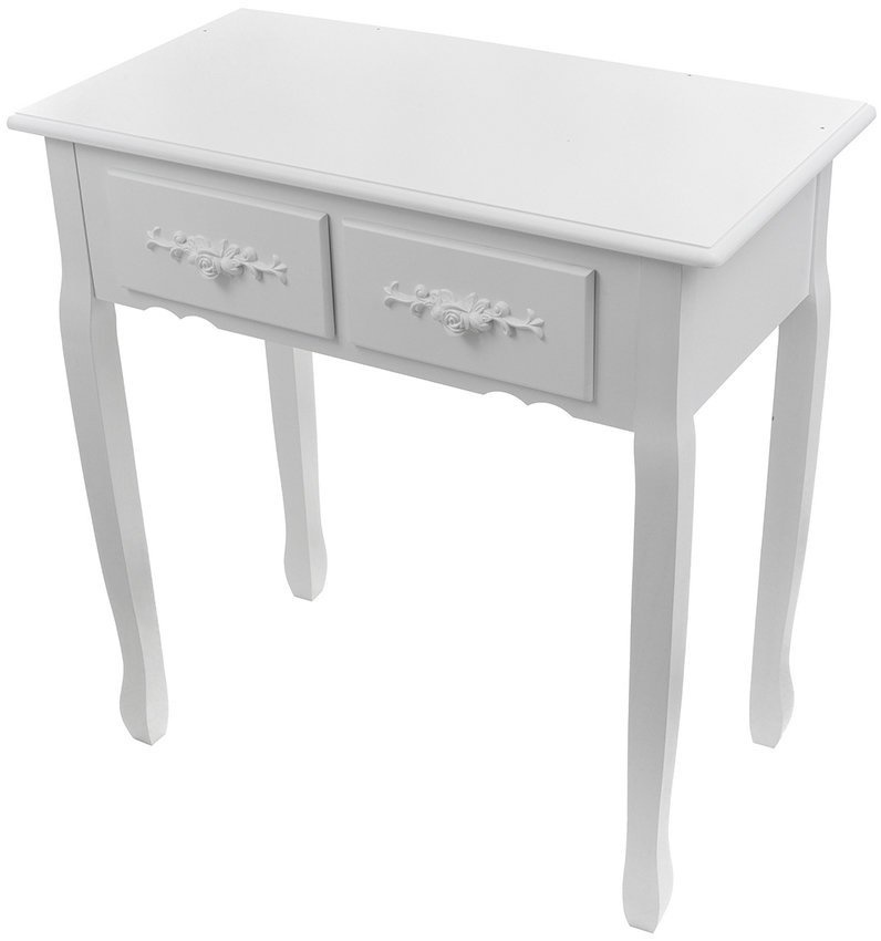 Een cosmetische kaptafel met een spiegel en een krukje