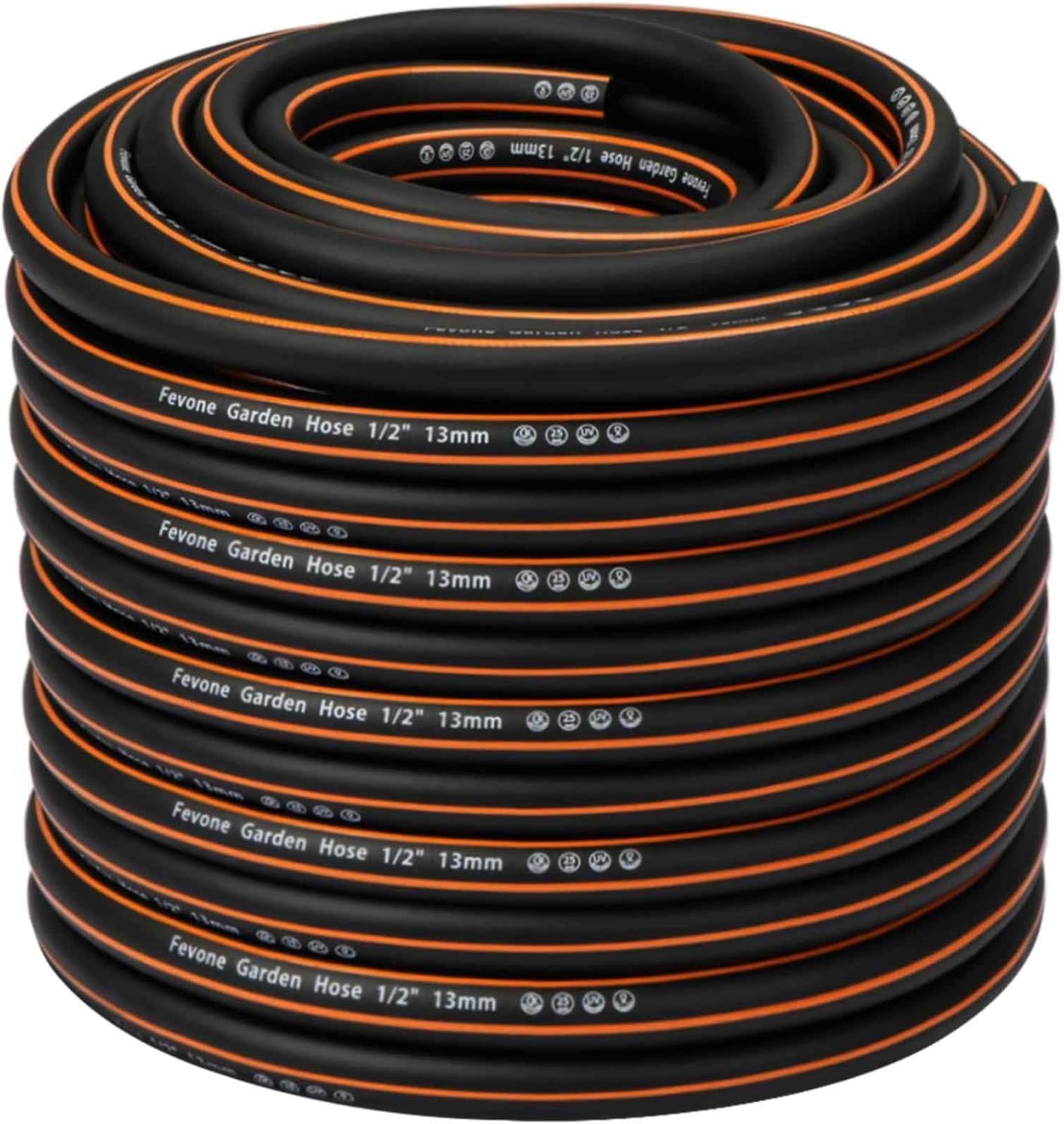 Fevone Tuinslang 50 m slangbuis voor tuin, diameter 13 mm, 4 lagen, 25 bar, zeer belastbaar, draagbaar, buiten, compressor, slangkabel, flexibel, robuust, riembaar, knikbescherming, zwart/oranje - Maat 50 m