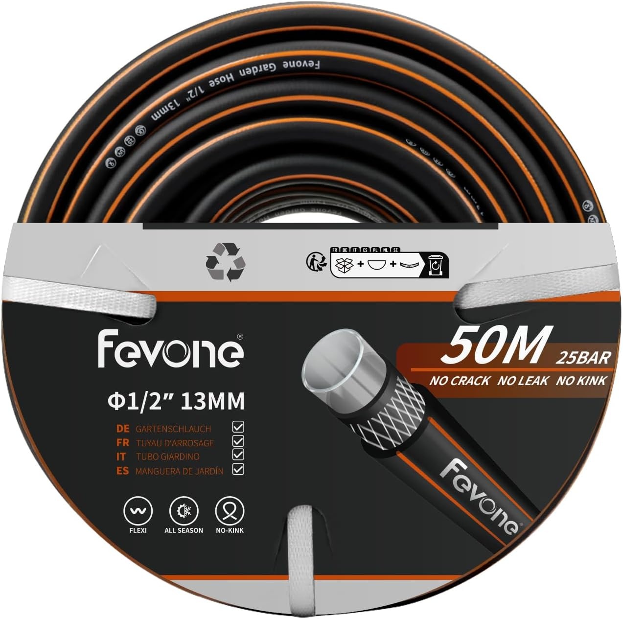 Fevone Tuinslang 50 m slangbuis voor tuin, diameter 13 mm, 4 lagen, 25 bar, zeer belastbaar, draagbaar, buiten, compressor, slangkabel, flexibel, robuust, riembaar, knikbescherming, zwart/oranje - Maat 50 m