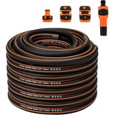 Fevone Tuinslang 50 m slangbuis voor tuin, diameter 13 mm, 4 lagen, 25 bar, zeer belastbaar, draagbaar, buiten, compressor, slangkabel, flexibel, robuust, riembaar, knikbescherming, zwart/oranje - Maat 50 m