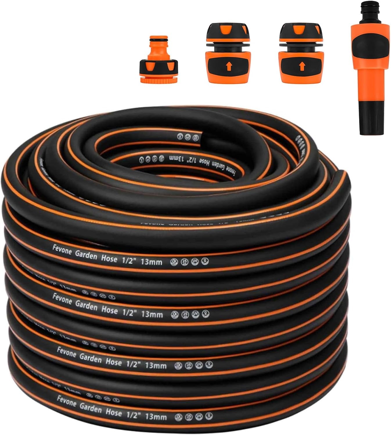 Fevone Tuinslang 50 m slangbuis voor tuin, diameter 13 mm, 4 lagen, 25 bar, zeer belastbaar, draagbaar, buiten, compressor, slangkabel, flexibel, robuust, riembaar, knikbescherming, zwart/oranje - Maat 50 m
