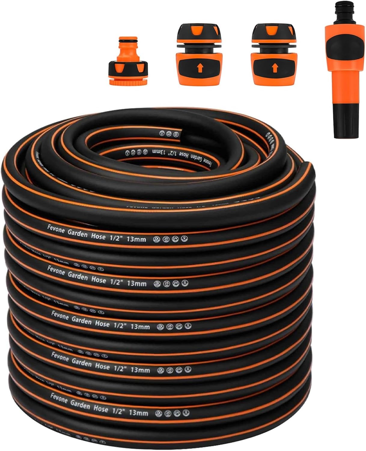 Fevone Tuinslang 50 m slangbuis voor tuin, diameter 13 mm, 4 lagen, 25 bar, zeer belastbaar, draagbaar, buiten, compressor, slangkabel, flexibel, robuust, riembaar, knikbescherming, zwart/oranje - Maat 50 m
