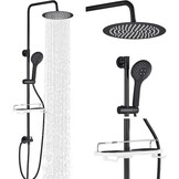 Douchesysteem, zwart, met legplank, grote regendouche, waterval, 3 functies, ABS-handdouche voor badkamer
