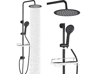 Douchesysteem, zwart, met legplank, grote regendouche, waterval, 3 functies, ABS-handdouche voor badkamer