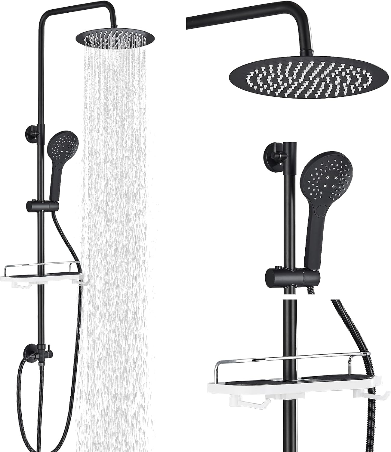 Douchesysteem, zwart, met legplank, grote regendouche, waterval, 3 functies, ABS-handdouche voor badkamer