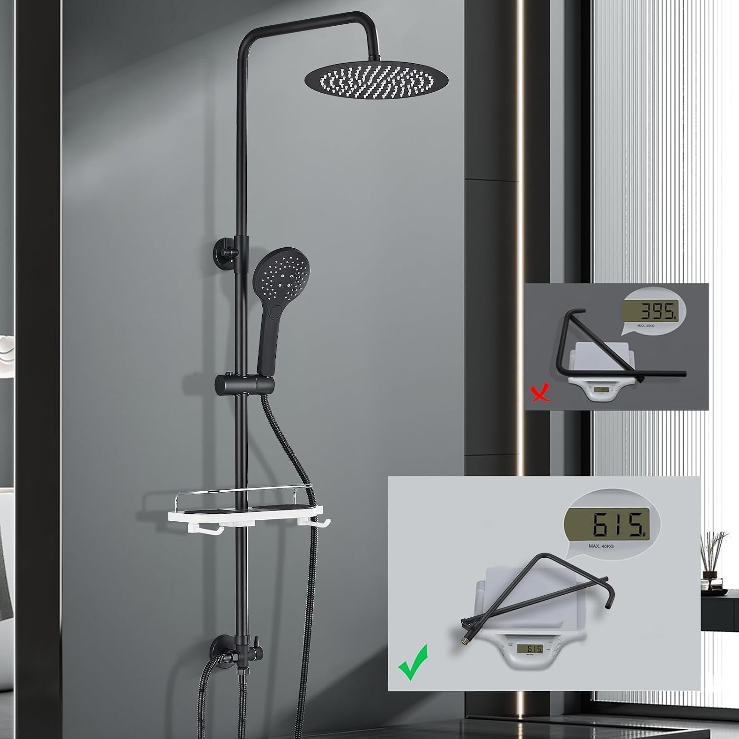 Douchesysteem, zwart, met legplank, grote regendouche, waterval, 3 functies, ABS-handdouche voor badkamer