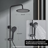 Douchesysteem, zwart, met legplank, grote regendouche, waterval, 3 functies, ABS-handdouche voor badkamer