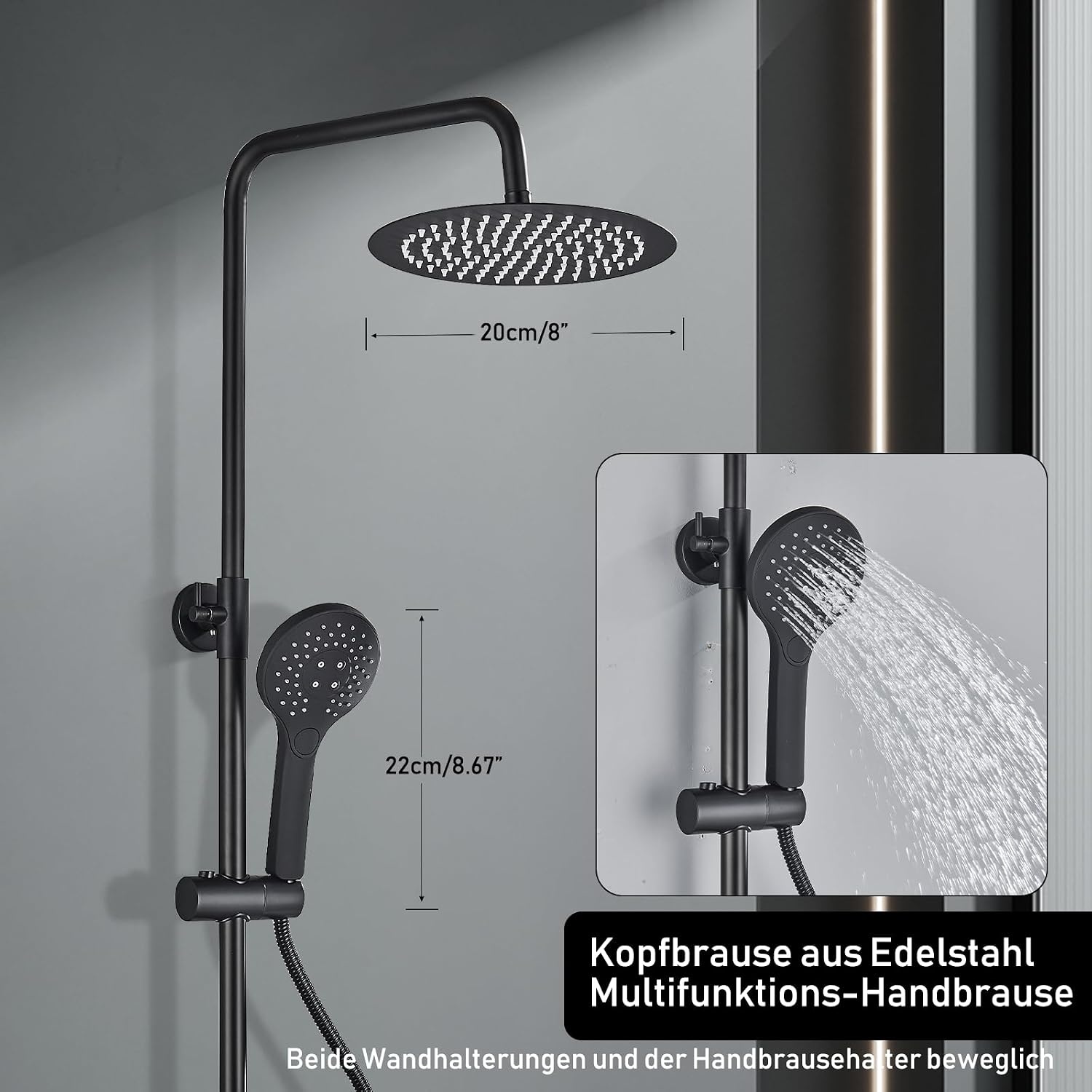 Douchesysteem, zwart, met legplank, grote regendouche, waterval, 3 functies, ABS-handdouche voor badkamer