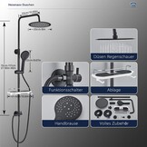 Douchesysteem, zwart, met legplank, grote regendouche, waterval, 3 functies, ABS-handdouche voor badkamer