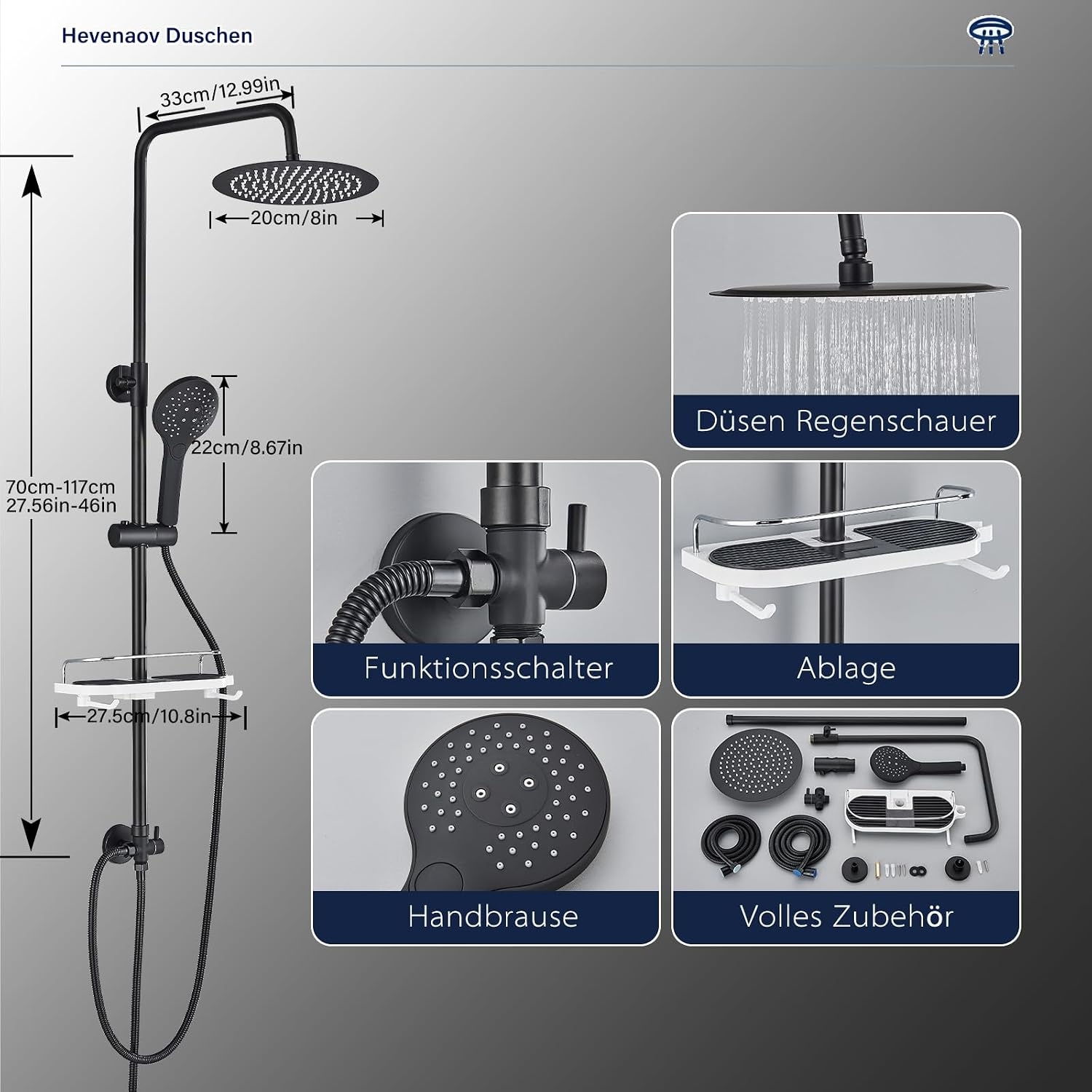 Douchesysteem, zwart, met legplank, grote regendouche, waterval, 3 functies, ABS-handdouche voor badkamer