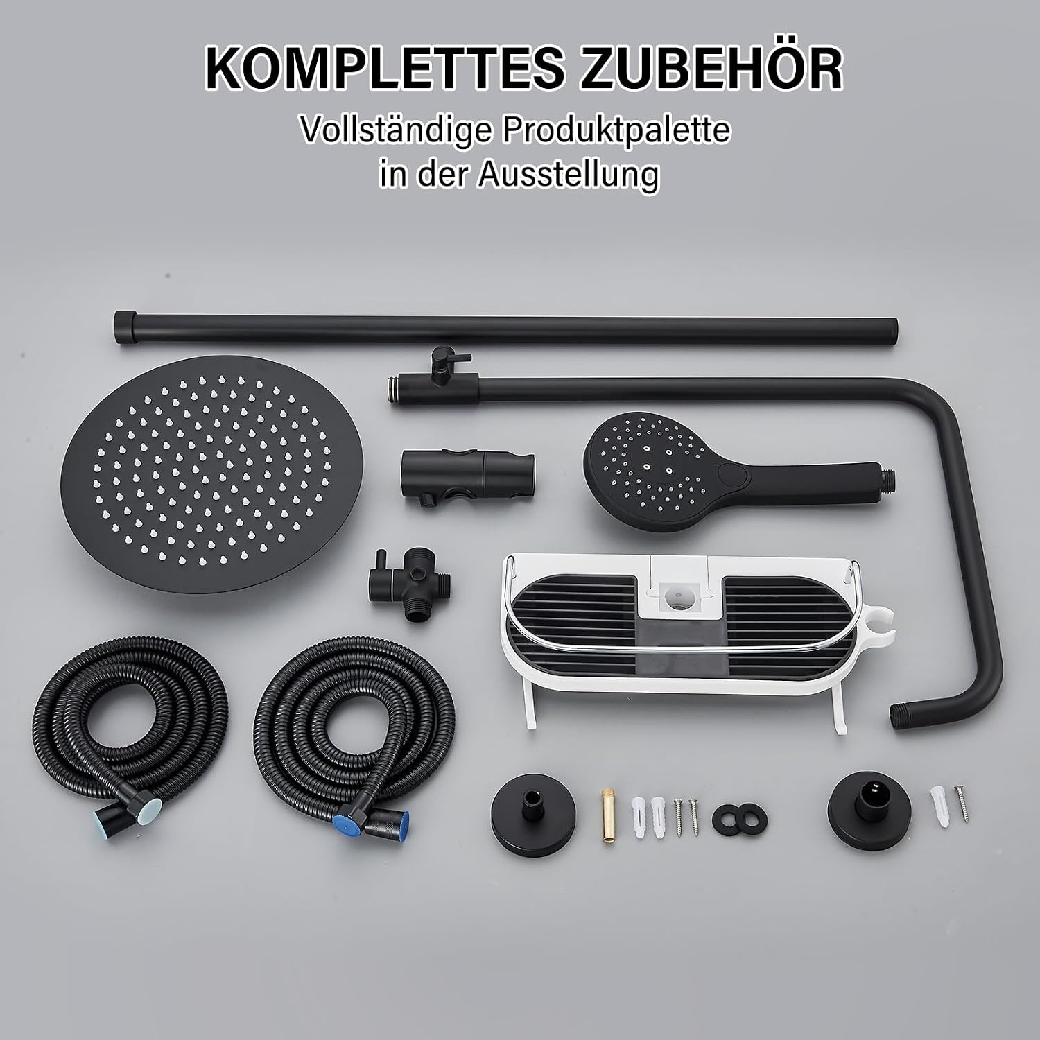 Douchesysteem, zwart, met legplank, grote regendouche, waterval, 3 functies, ABS-handdouche voor badkamer