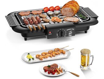 Elektrische tafelgrill, elektrische BBQ-grill, rookloze anti-aanbak binnen-/buitengrill, 2000 W, dubbele buis, draagbare, afneembare staande grill met hoog vermogen (klassiek zwart)