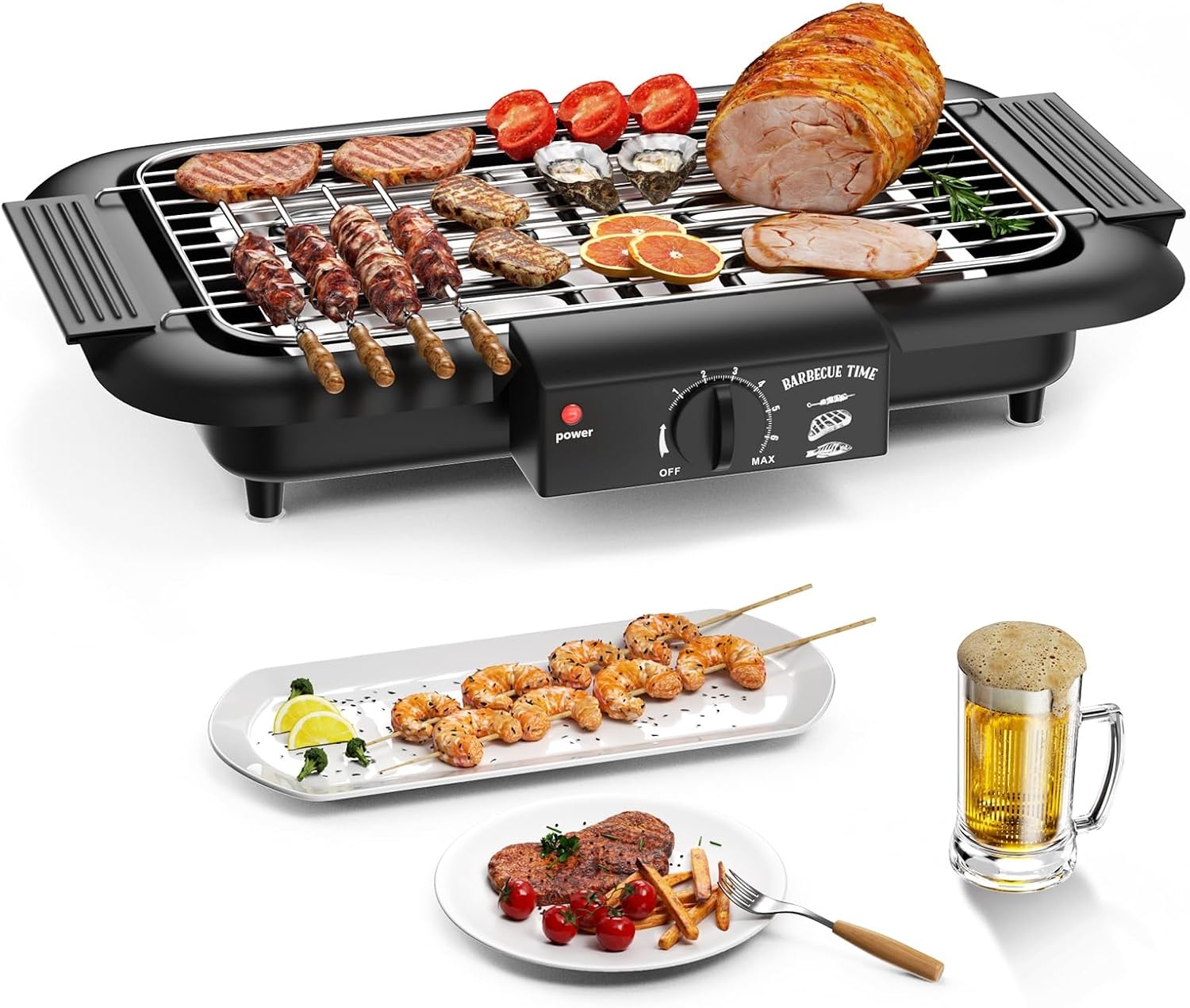Elektrische tafelgrill, elektrische BBQ-grill, rookloze anti-aanbak binnen-/buitengrill, 2000 W, dubbele buis, draagbare, afneembare staande grill met hoog vermogen (klassiek zwart)