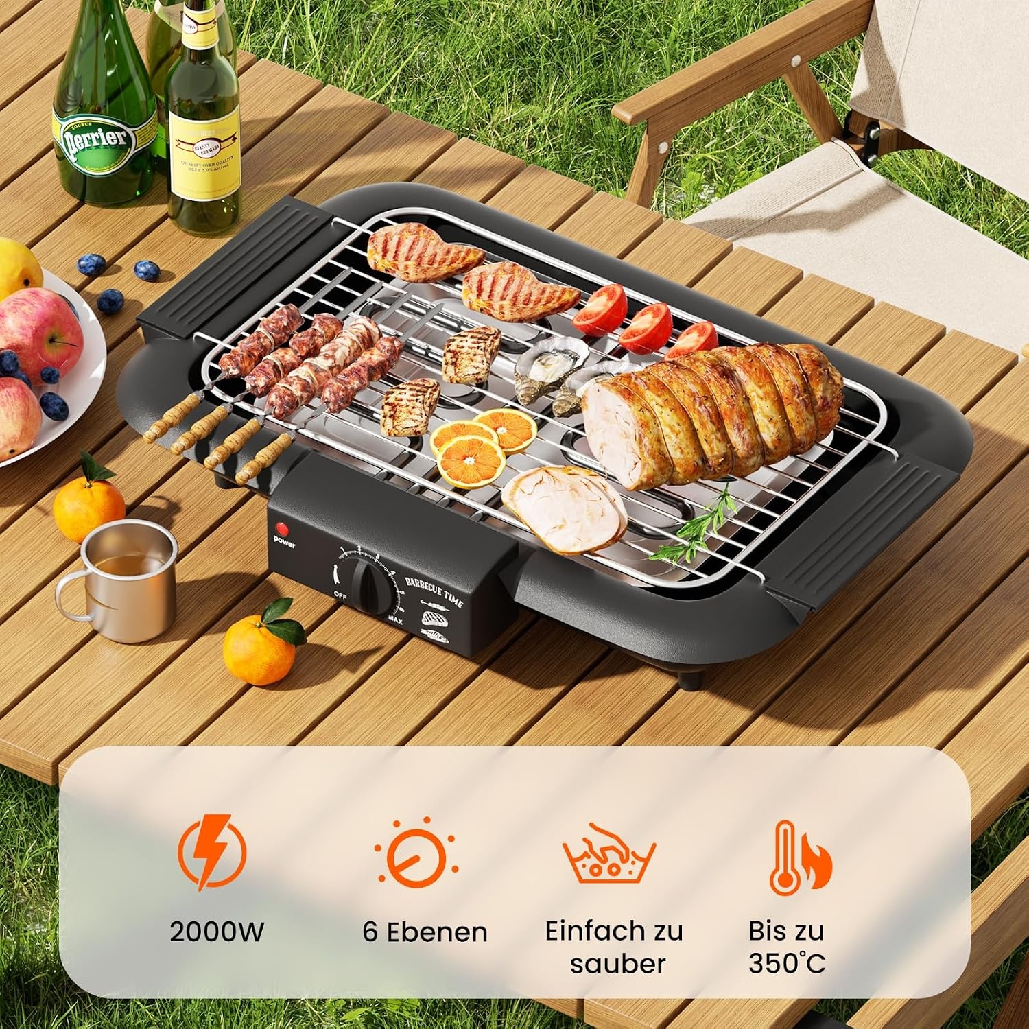 Elektrische tafelgrill, elektrische BBQ-grill, rookloze anti-aanbak binnen-/buitengrill, 2000 W, dubbele buis, draagbare, afneembare staande grill met hoog vermogen (klassiek zwart)