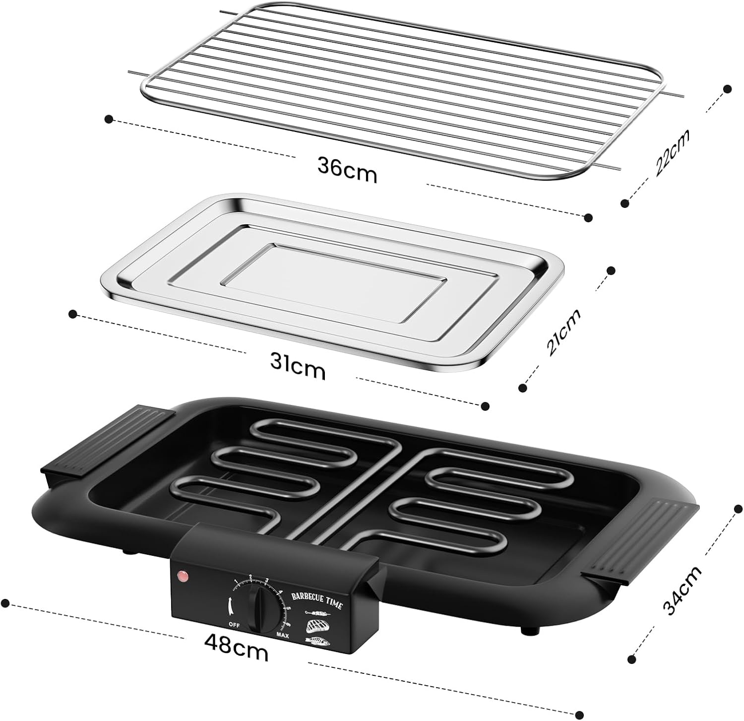 Elektrische tafelgrill, elektrische BBQ-grill, rookloze anti-aanbak binnen-/buitengrill, 2000 W, dubbele buis, draagbare, afneembare staande grill met hoog vermogen (klassiek zwart)