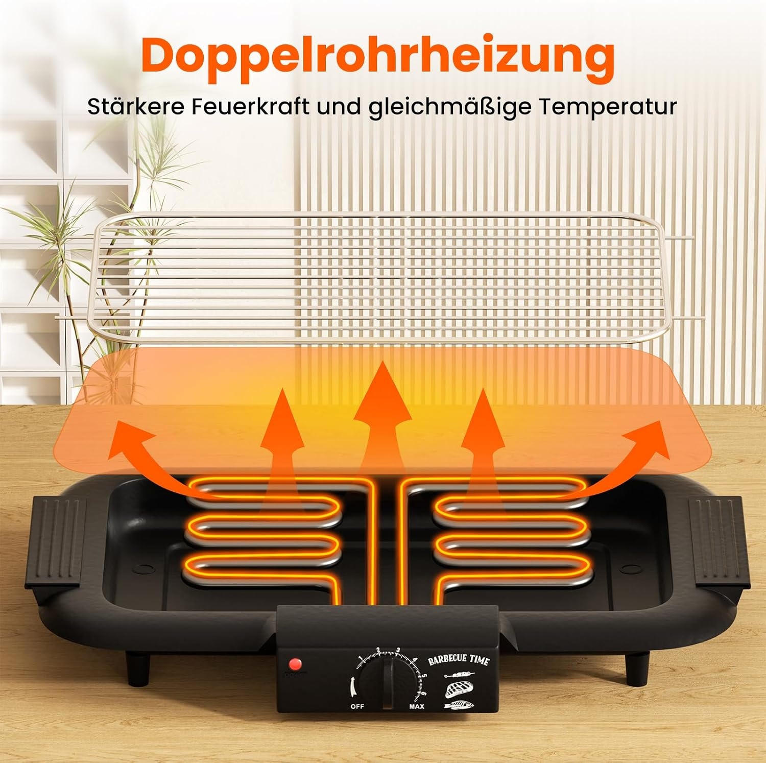 Elektrische tafelgrill, elektrische BBQ-grill, rookloze anti-aanbak binnen-/buitengrill, 2000 W, dubbele buis, draagbare, afneembare staande grill met hoog vermogen (klassiek zwart)