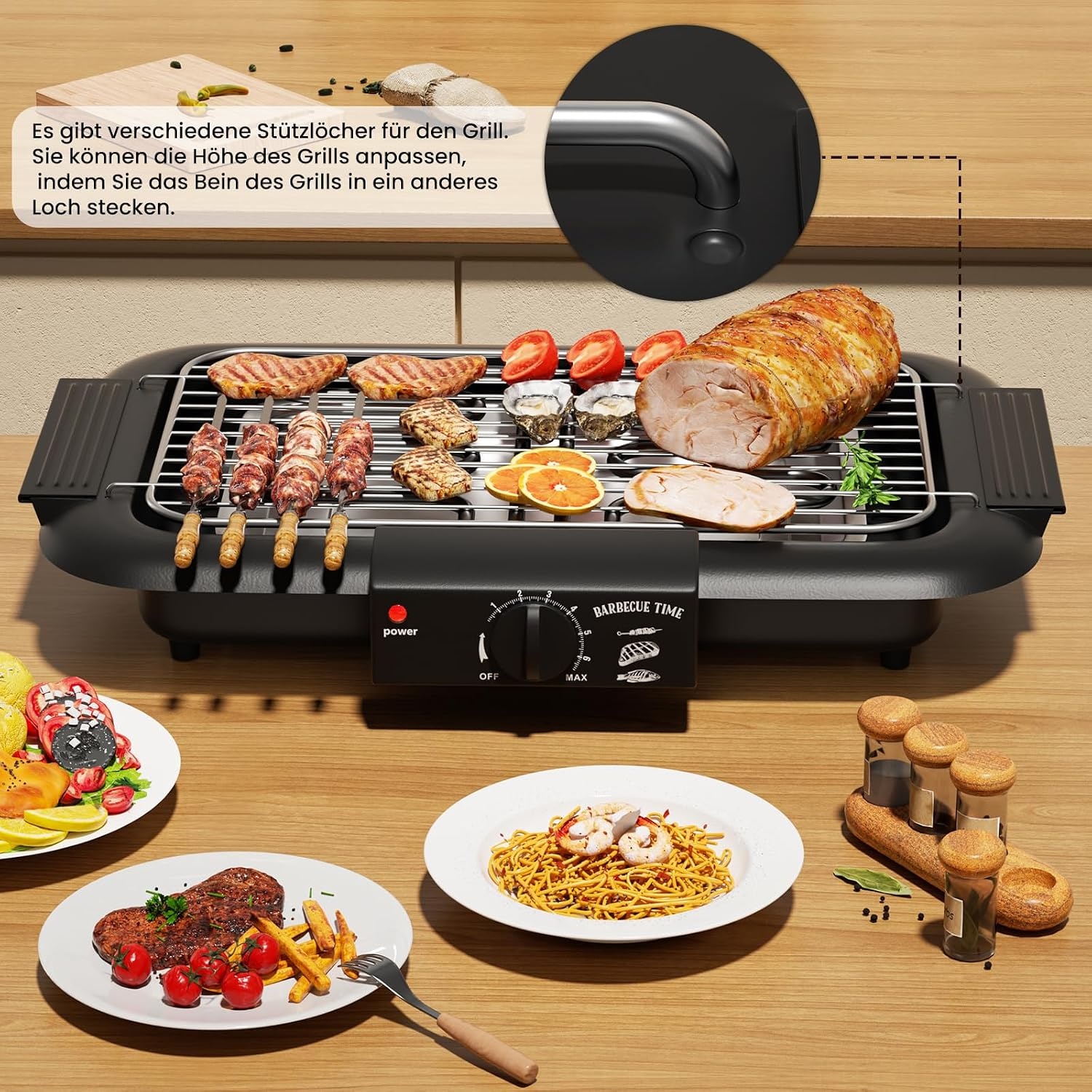 Elektrische tafelgrill, elektrische BBQ-grill, rookloze anti-aanbak binnen-/buitengrill, 2000 W, dubbele buis, draagbare, afneembare staande grill met hoog vermogen (klassiek zwart)