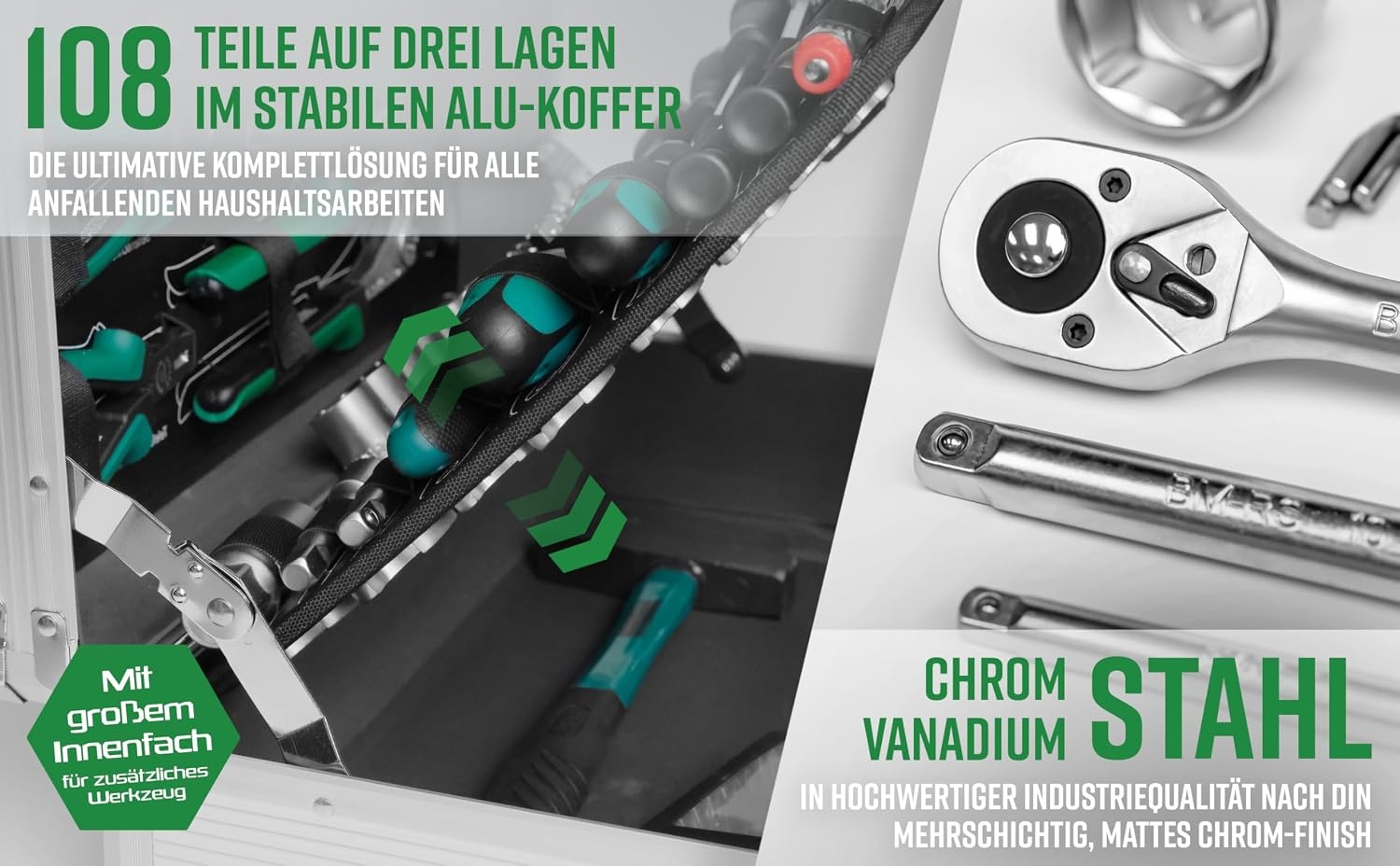 Brüder Mannesmann M29075 Gereedschapsset, 108-Delig, Aluminium Gereedschapskoffer, Groen/Zilver