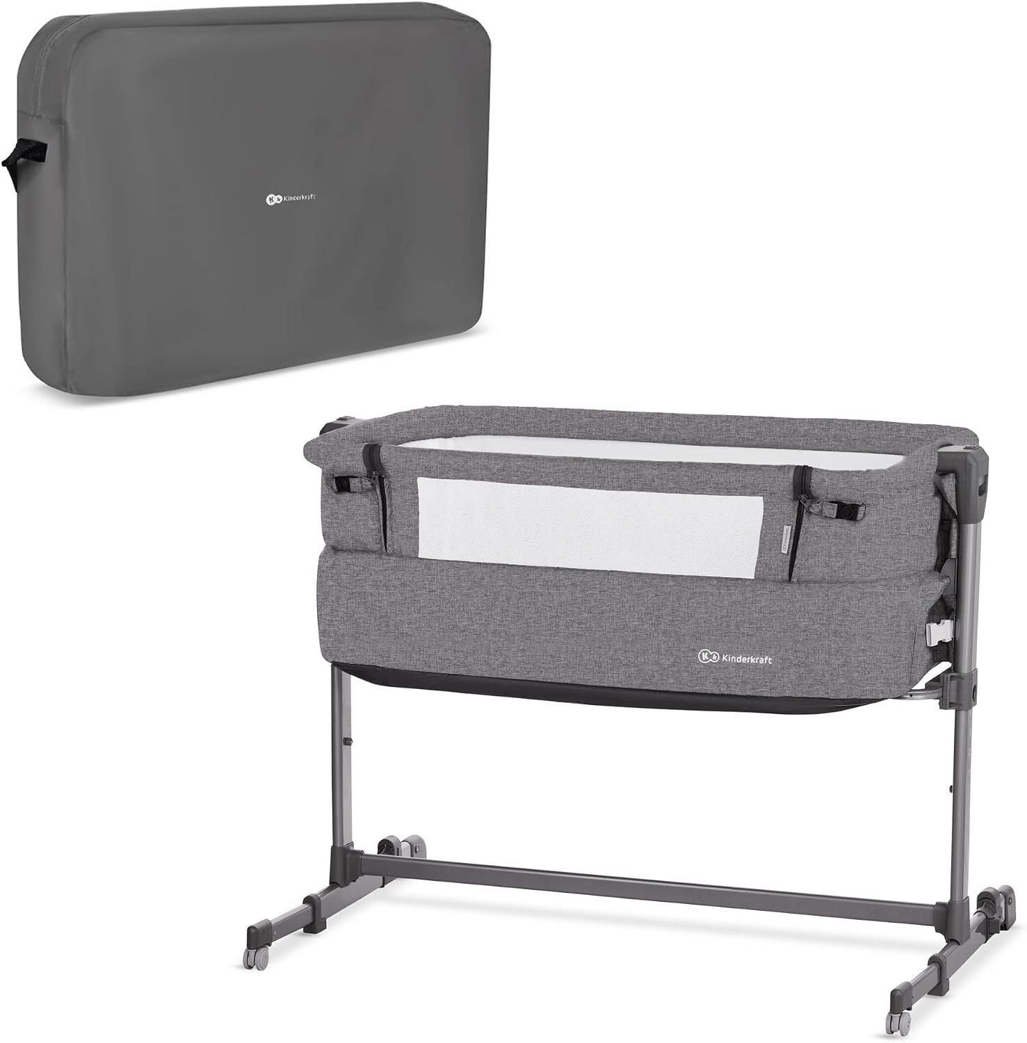 Kinderkraft Bijzetbed NESTE UP, Co-sleeper 2 in 1, Aanschuifwieg voor Baby, In Hoogte Verstelbaar Babybed, met Matras, Beige