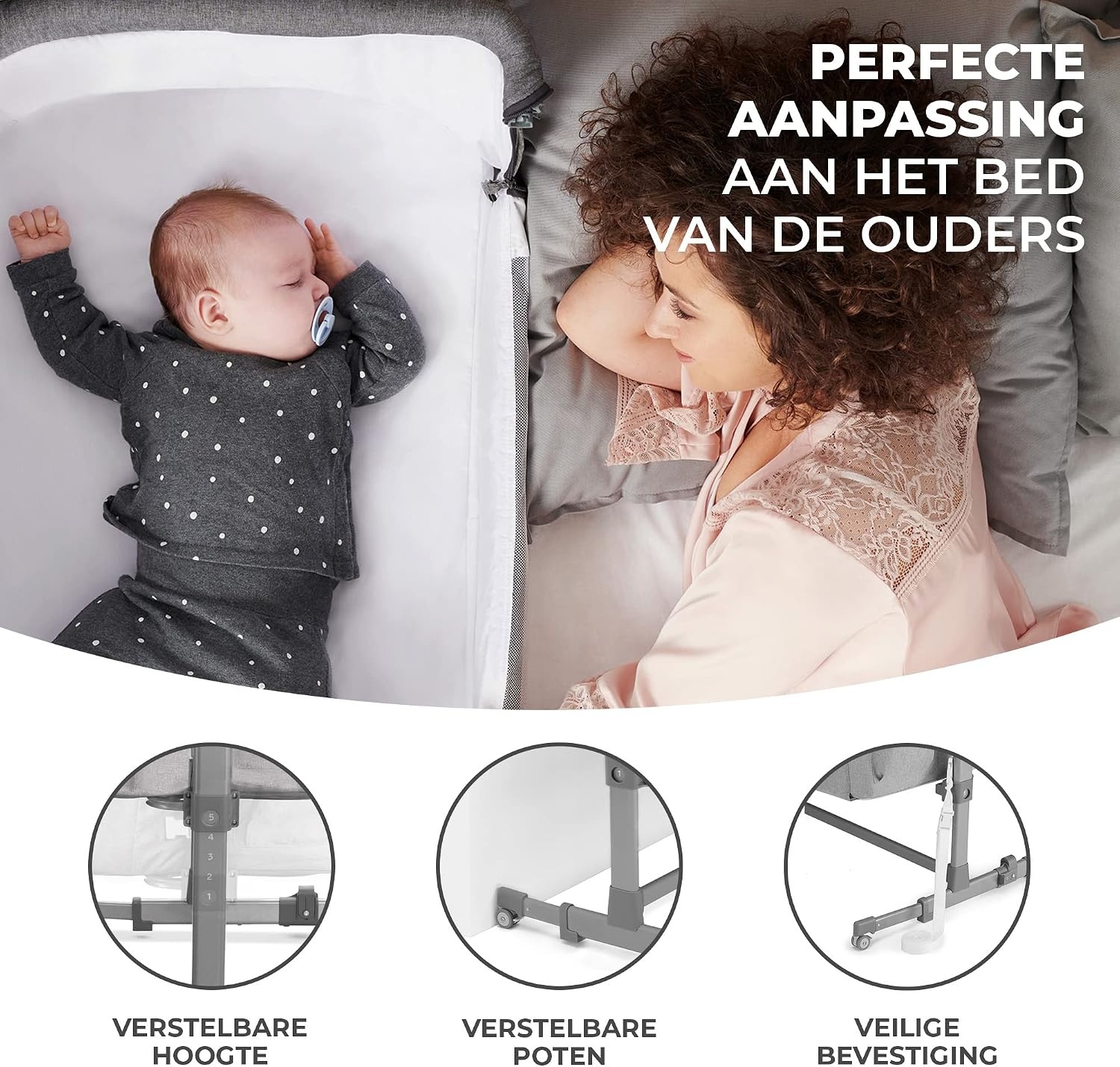 Kinderkraft Bijzetbed NESTE UP, Co-sleeper 2 in 1, Aanschuifwieg voor Baby, In Hoogte Verstelbaar Babybed, met Matras, Beige