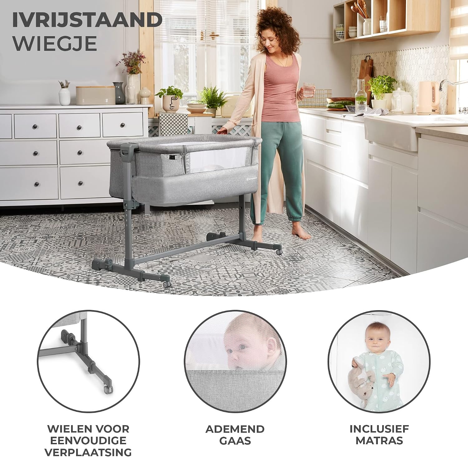 Kinderkraft Bijzetbed NESTE UP, Co-sleeper 2 in 1, Aanschuifwieg voor Baby, In Hoogte Verstelbaar Babybed, met Matras, Beige
