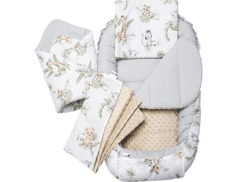 Medi Partners 5-delige Babynest Set 100x60x15 Uitneembaar inzetstuk Bed Knuffel Nestje Baby deken Pasgeboren 100% katoen (Safari met beige Minky)