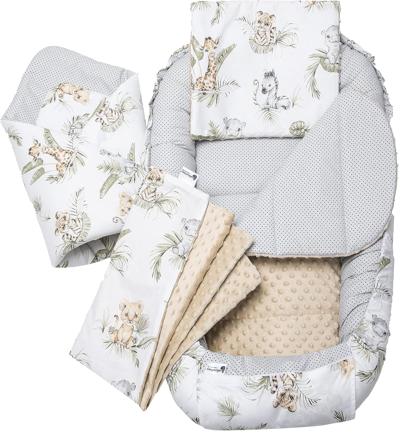 Medi Partners 5-delige Babynest Set 100x60x15 Uitneembaar inzetstuk Bed Knuffel Nestje Baby deken Pasgeboren 100% katoen (Safari met beige Minky)