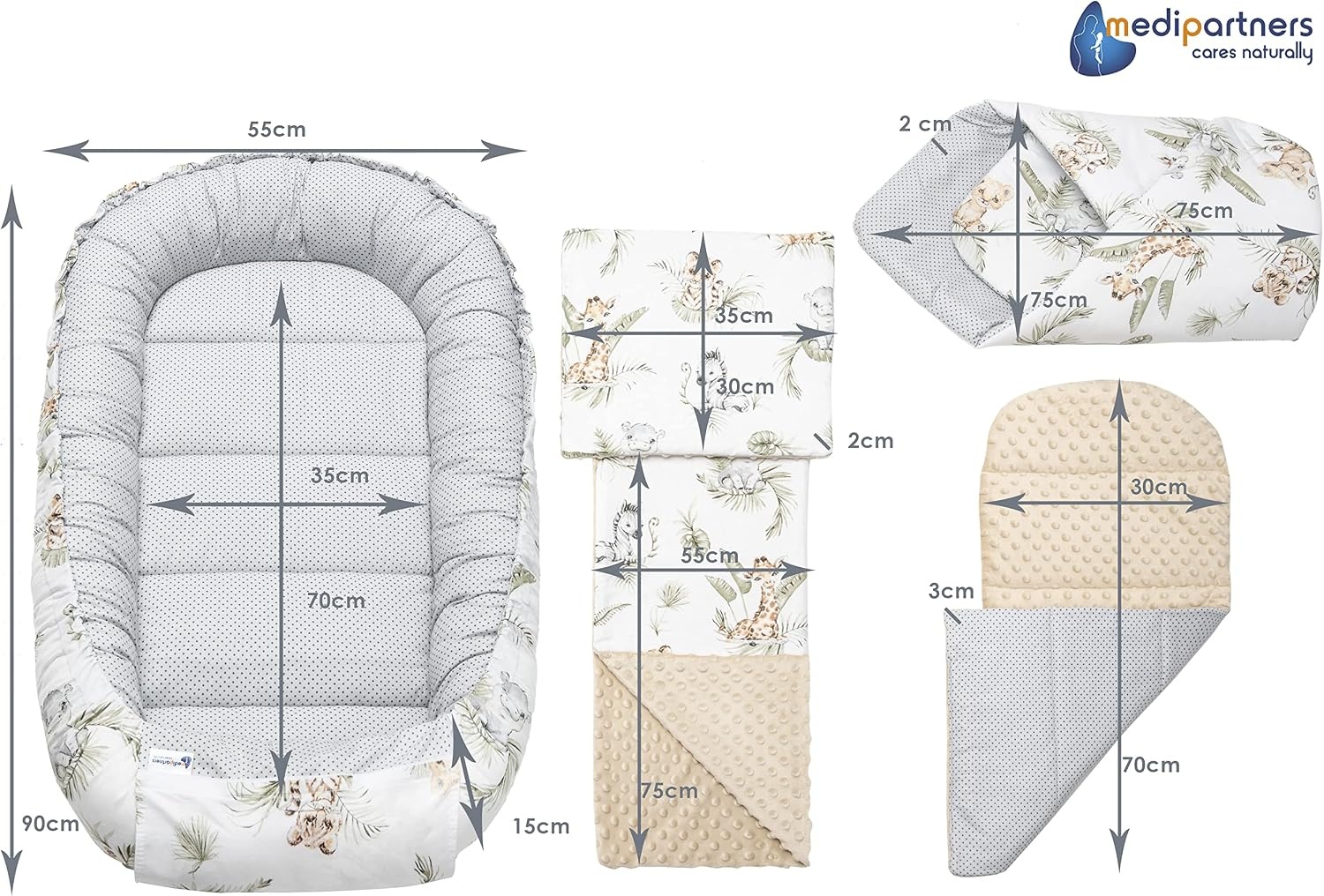 Medi Partners 5-delige Babynest Set 100x60x15 Uitneembaar inzetstuk Bed Knuffel Nestje Baby deken Pasgeboren 100% katoen (Safari met beige Minky)