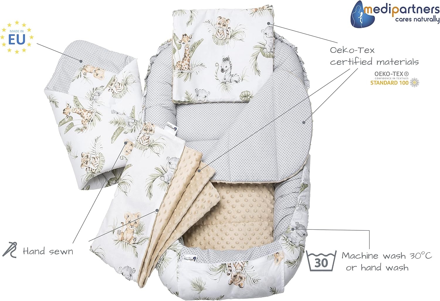 Medi Partners 5-delige Babynest Set 100x60x15 Uitneembaar inzetstuk Bed Knuffel Nestje Baby deken Pasgeboren 100% katoen (Safari met beige Minky)