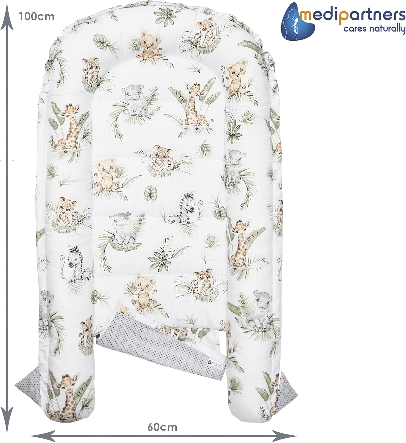 Medi Partners 5-delige Babynest Set 100x60x15 Uitneembaar inzetstuk Bed Knuffel Nestje Baby deken Pasgeboren 100% katoen (Safari met beige Minky)