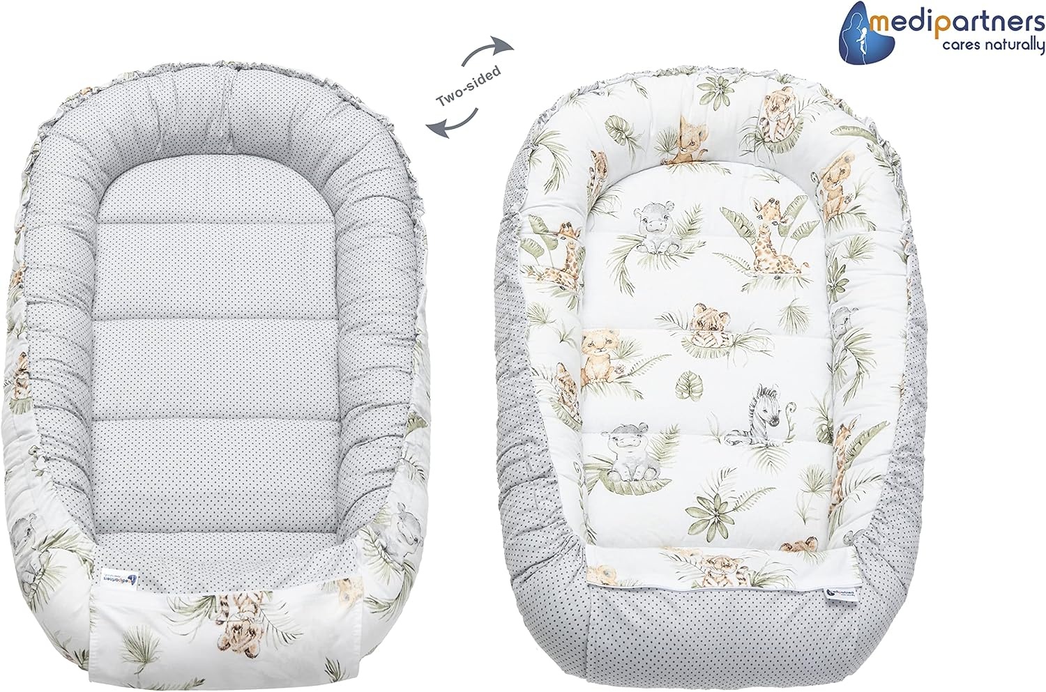 Medi Partners 5-delige Babynest Set 100x60x15 Uitneembaar inzetstuk Bed Knuffel Nestje Baby deken Pasgeboren 100% katoen (Safari met beige Minky)