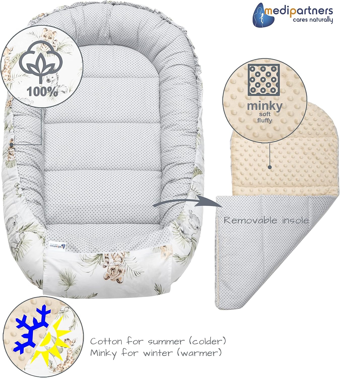 Medi Partners 5-delige Babynest Set 100x60x15 Uitneembaar inzetstuk Bed Knuffel Nestje Baby deken Pasgeboren 100% katoen (Safari met beige Minky)