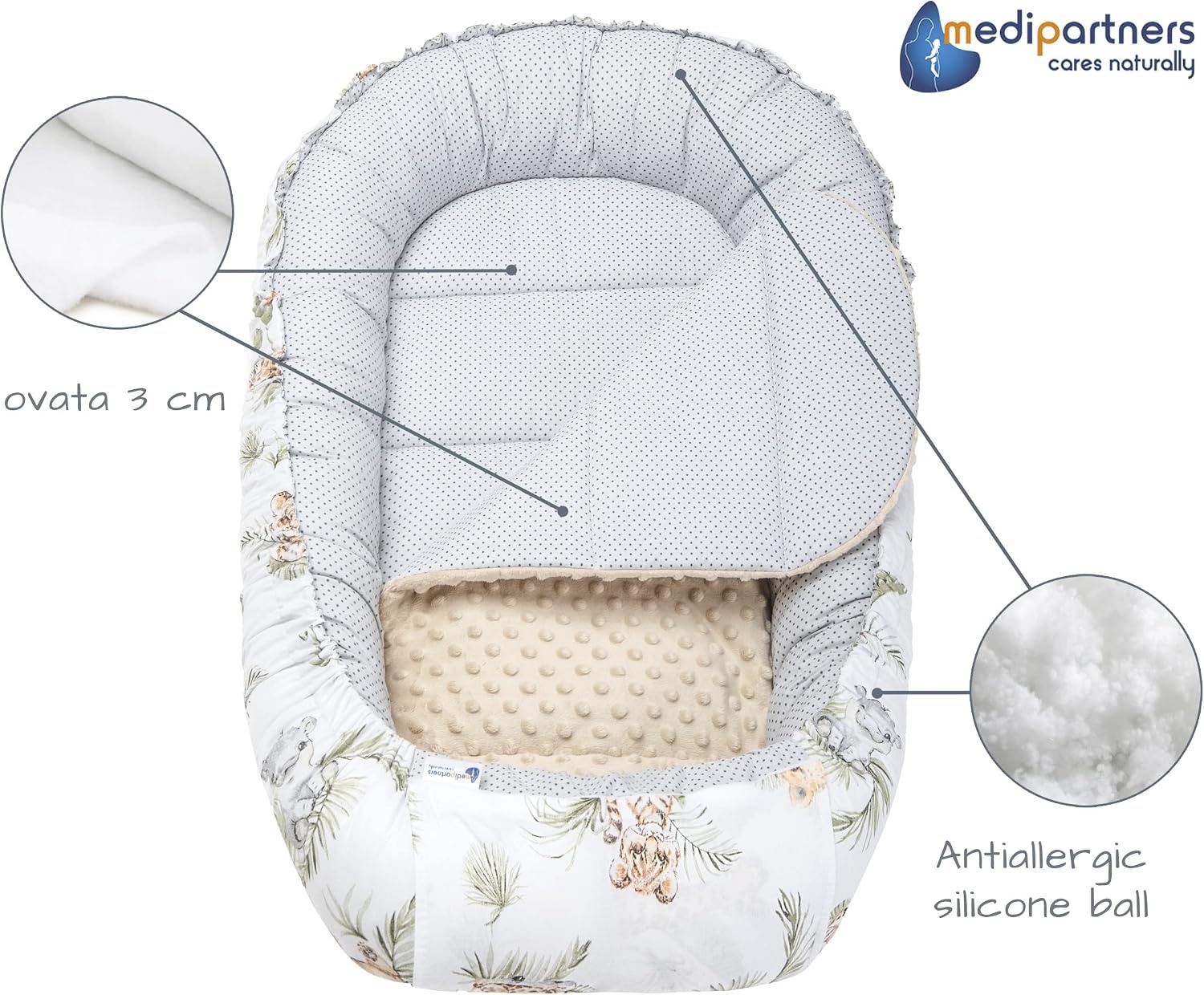 Medi Partners 5-delige Babynest Set 100x60x15 Uitneembaar inzetstuk Bed Knuffel Nestje Baby deken Pasgeboren 100% katoen (Safari met beige Minky)