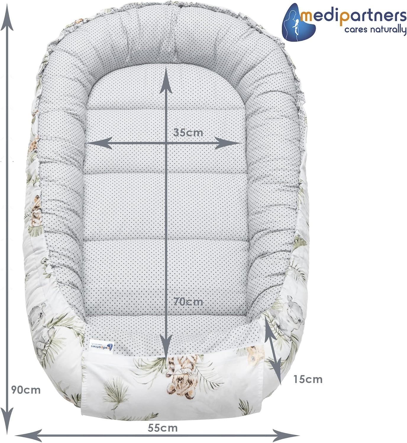 Medi Partners 5-delige Babynest Set 100x60x15 Uitneembaar inzetstuk Bed Knuffel Nestje Baby deken Pasgeboren 100% katoen (Safari met beige Minky)