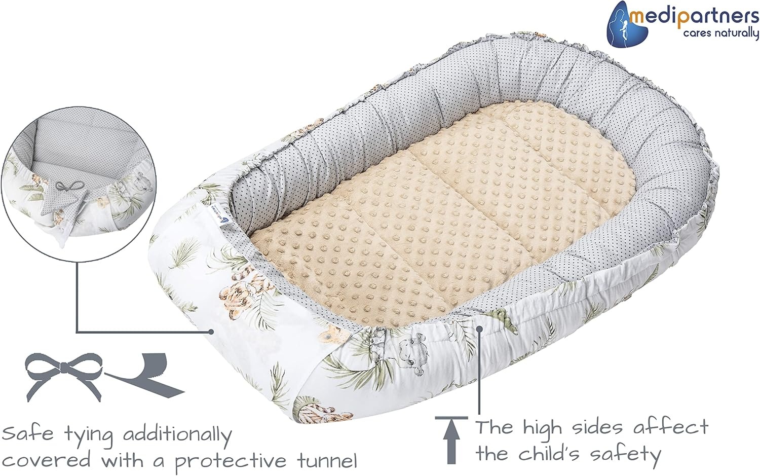Medi Partners 5-delige Babynest Set 100x60x15 Uitneembaar inzetstuk Bed Knuffel Nestje Baby deken Pasgeboren 100% katoen (Safari met beige Minky)