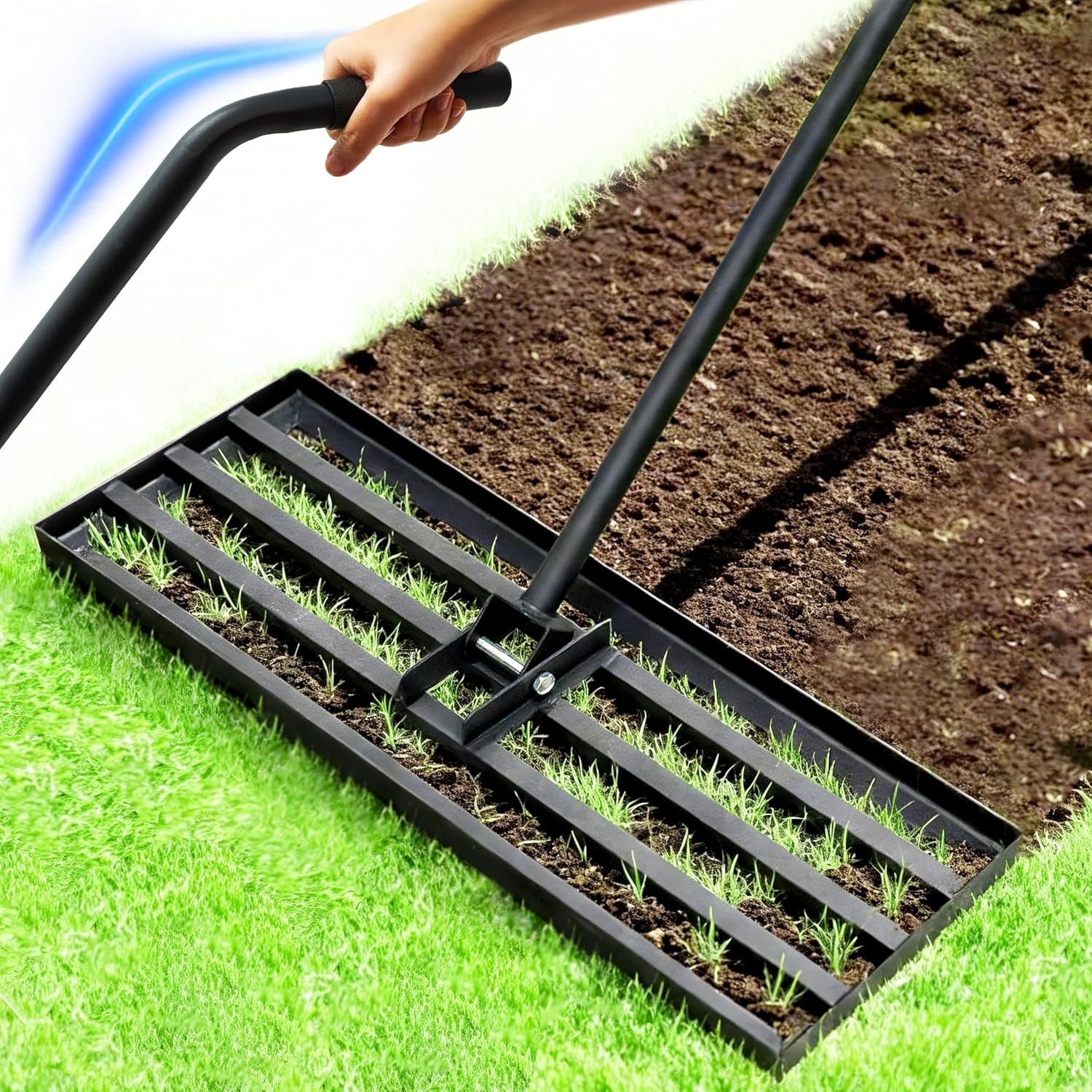 Grasrakel 75 x 25 cm, zware nivelleringshark met ergonomische gebogen handgreep, gazonhark voor aarde, grind, meststof, ideaal voor tuin, erf en golfbaan (185 cm)