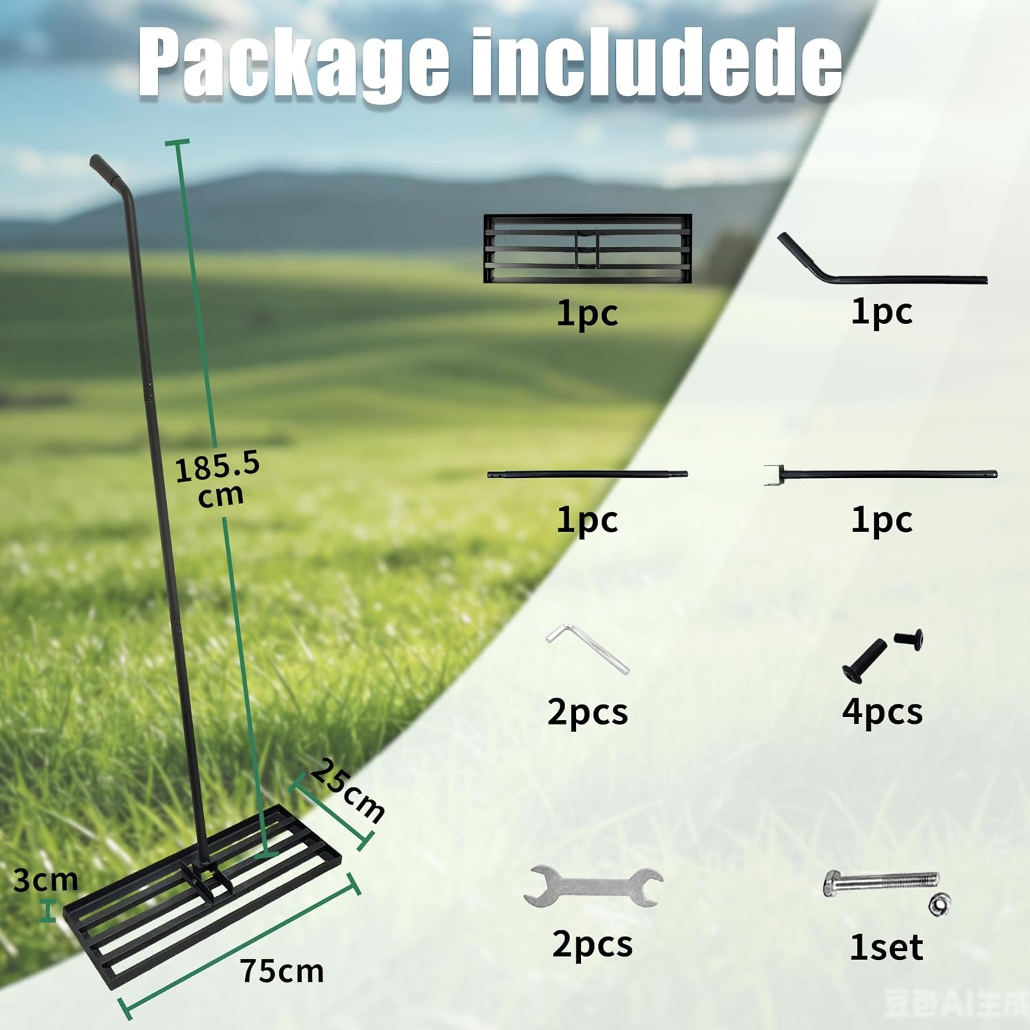 Grasrakel 75 x 25 cm, zware nivelleringshark met ergonomische gebogen handgreep, gazonhark voor aarde, grind, meststof, ideaal voor tuin, erf en golfbaan (185 cm)