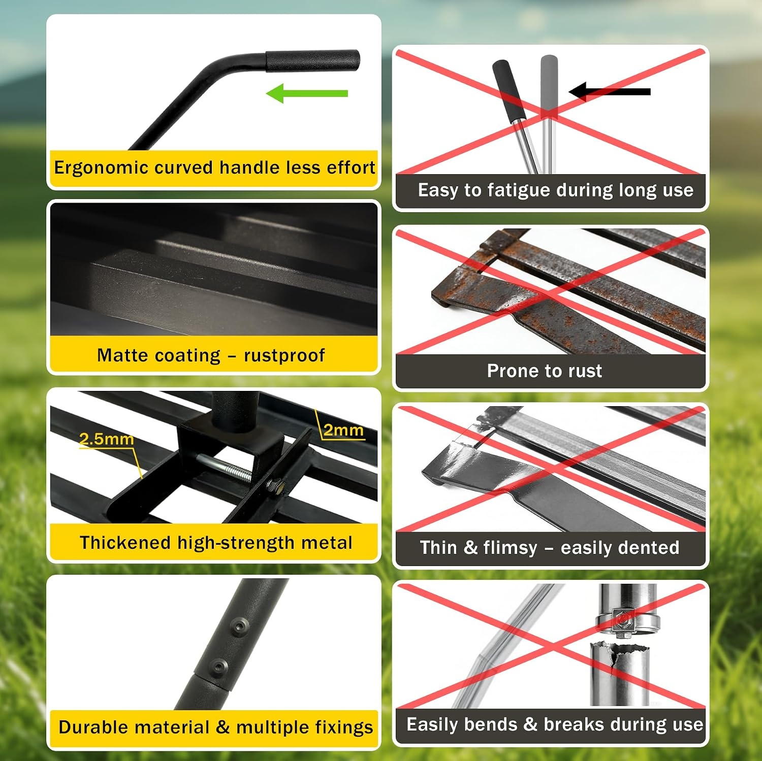 Grasrakel 75 x 25 cm, zware nivelleringshark met ergonomische gebogen handgreep, gazonhark voor aarde, grind, meststof, ideaal voor tuin, erf en golfbaan (185 cm)